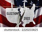 Small photo of map of america USA divided into two parts - as a symbol of incitement to crisis and chaos of elections 2022 division in country.