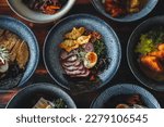 Small photo of Indulge in the Exotic Flavors of Thai and Asian Cuisine with Savory Delights: A Top-Down Food Photography Collection. Vibrant ingredients, intricate garnishes, and stunning presentation come together