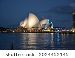Sydney Opera House lighten at night. It is multi venue performing arts centre at Sydney Harbour and UNESCO World Heritage Site. Sydney, New South Wales, Australia.