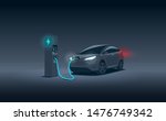 Vector illustration of a luxury black electric car suv charging at the charger station during night time low demand off peak electricity. Electromobility eco future transportation e-motion concept. 