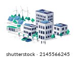 Smart sustainable eco city with residential downtown buildings and renewable solar wind power station with battery energy storage. Electric cars charging near house, work offices and business center.