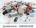 Lots of old electrical appliances for recycling e-waste. Sustainable living concept. 