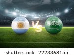 Soccer Football ball 3D with Argentina vs Saudi Arabia flags match on green soccer field