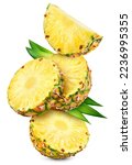 Small photo of Pineapples isolated. Pineapple slices with leaves flying on white background. Cut pineapple with round slices are falling. Full depth of field. Composition isolate on white.