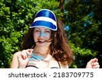 Small photo of happy woman in visor hat. summer visor cap accessory. girl wearing visor hat.