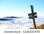 Small photo of A sign over the clouds showing the direction to the famous mountain Ulriken in Norway