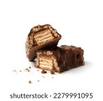 Small photo of Two halves of a chocolate bar stuffed with crispy wafers and caramel isolated on a white background. Sliced crunchy chocolate sweet bar.