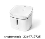 Small photo of White electric pet water dispenser, smart cat drinker, drinking fountain with replaceable filter, water quantity and filter change indicators, isolated on white.