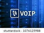 Small photo of VOIP, Voice over Internet Protocol, technology that allows for speech communication via the Internet. Server room background.