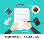 Writer writing on paper sheet vector illustration, flat cartoon person hands with pen on working table with text, workplace top view, desktop with writing letter story, journalist author workspace