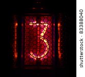 Small photo of The real Nixie tube indicator of the numbers of retro style. Indicator glow with a magical purple fringing. Digit 3