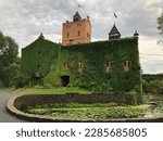 an ancient castle with a tower, overgrown with foliage, on the shore of a lake with lilies, the flag of Ukraine on the tower. Red brick castle. In the foreground is a small lake covered with liliches.