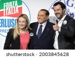 Small photo of Rome, Italy - March 01, 2018: Giorgia Meloni, leader of Brothers of Italy, Silvio Berlusconi, leader of Forza Italia and Matteo Salvini, leader of the League, attend a center-right coalition rally.