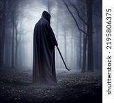 Small photo of A cinematic style halloween hooded grim reaper type figure looking to the right standing in misty forest woodland.