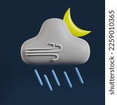 3d weather icon, heavy rain, rain and wind, rain at night, cute icon, cartoon style, simple icon, 3d rendering