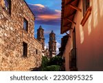 Small photo of Mexico, Scenic Taxco colonial architecture and cobblestone narrow streets in historic city center near Santa Prisca church.