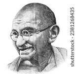 Mahatma Gandhi (1869-1948). Portrait from indian rupee banknote close up