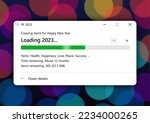 Computer loading bar to Happy New Year 2023 on colorful lights background. PC copying wishes of Health, Happiness, Love, Peace and Success like items to new Year 2023.