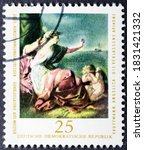 Small photo of MADRID, SPAIN - SEPTEMBER 5, 2020. Vintage stamp printed in Deutsche Demokratische Republik (DDR) shows Ariadne Forsaken painted by Angelica Kauffman (1741 - 1807), a Swiss Neoclassical painter