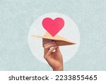 Paper airplane carrying a red heart jigsaw puzzle. Concept of notification. Art Collage.