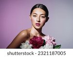 Small photo of woman make-up beauty pink blush girl face flower model day portrait woman