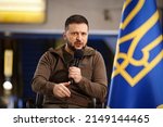 Small photo of APR-23-2022 Press conference of Volodymyr Zelenskyy the President of Ukraine during Russian Ukrainian war at Kyiv Metro station to protect against air strikes. Kyiv, Ukraine
