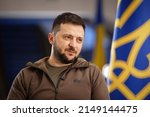 Small photo of APR-23-2022 Press conference of Volodymyr Zelenskyy the President of Ukraine during Russian Ukrainian war at Kyiv Metro station to protect against air strikes. Kyiv, Ukraine
