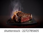 Delicious sliced juicy beef ribeye fillet mignon steak isolated. for poster or menu. cafe. closeup view, grilled	
