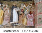 Small photo of FLORENCE, ITALY - JANUARY 10, 2019: Saints Peter the Martyr and Thomas Aquinas Refute the Heretics, fresco by Andrea Di Bonaiuto, Spanish Chapel in Santa Maria Novella Dominican church in Florence