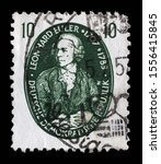 Small photo of ZAGREB, CROATIA - SEPTEMBER 05, 2014: A stamp issued in Germany - Democratic Republic (DDR) shows Leonhard Euler, mathematician, physicist, astronomer, logician and engineer, circa 1957.
