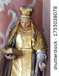Small photo of ZAGREB, CROATIA - MAY 16, 2013: Saint Bridget of Sweden statue on the altar of Saint Apollonia in the Church of Saint Catherine of Alexandria in Zagreb, Croatia