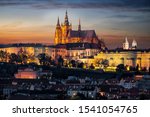 The illuminated, famous Castle of Prague, Czech Republic, situated over the old town just after sunset time