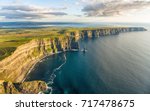 Aerial birds eye drone view from the world famous cliffs of moher in county clare ireland. Scenic Irish rural countryside nature along the wild atlantic way and European Atlantic Geotourism Route 