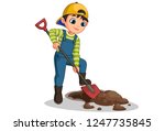 Cute little boy digging hole with shovel vector cartoon illustration
