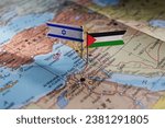 Jarusalem, Israel - 2023 October 14: Israel an Palestine flags on geopolitical Map. Gaza strip and West Bank. War conflict