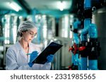Small photo of scientist worker checking the quality of Reverse osmosis machine system at the industrial factory. Female worker recording data at the control panel with measure pressure for recycle portable plant.