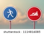 Small photo of Active and passive, lazy and workaholic, choleric and phlegmatic - running man and lying man. Road signs.