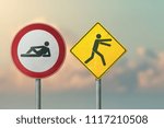 Small photo of Active and passive, lazy and workaholic, choleric and phlegmatic - lying man and running man. Road signs.