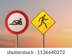 Small photo of Active and passive, lazy and workaholic, choleric and phlegmatic - lying man and running man. Road signs.