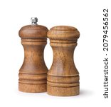 Small photo of Wooden salt shaker and pepper mill isolated on white