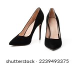 Pair of black suede high heel shoes isolated on white