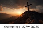 Small photo of Mountain Majesty: Artistic Silhouette of Crucifix Cross Against Sunset Sky