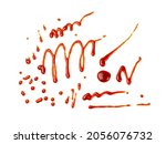 Small photo of Sriracha drops isolated. Hot spicy sauce splash, tomato ketchup blobs on white background. Catsup dollops or pomidor splash drops collection