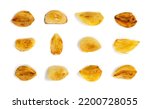 Small photo of Fried garlic cloves set isolated with clipping path. Roasted grilled garlic clove collection on white background top view