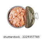 Small photo of Canned Tuna Isolated, Albacore Fish Chunks in Open Tin Can, Tuna Oil Preserve, Seafood Conserve on White Background Top View