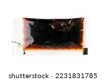 Small photo of Soy Souse Teriyaki in Square Plastic Bag Isolated, One-Time Portion of Sushi Sauce, Balsamic Vinegar Transparent Sachet on White Background Top View, Clipping Path