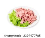 Small photo of Diced Mortadella Slice Isolated, Luncheon Meat Cut, Chicken Ham Cubes, Boiled Sausage for Breakfast, Diced Mortadella on White Background