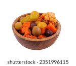 Small photo of Mixed pickled vegetables, carrots, lemons, cucumbers, black olives, green olives, chili, Cauliflower assorted pickle in wooden dish side View isolated on a white background