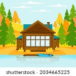 Wooden Cottage On Lake Or River ...