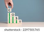 Small photo of Lean or Cost reduction concept. Optimize manufacturing management. Decreasing company expense to maximize profits. Hand puts wooden cube with words cost and green down arrows. Business improvement.